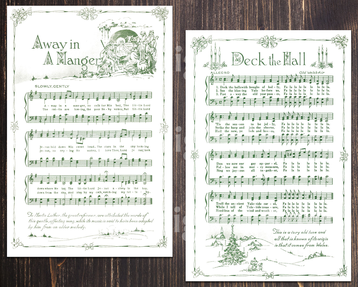 Printable Vintage Christmas Carols Green Illustrated Best Sellers Top Christmas Songs Set of 7 - Set #1 White Background