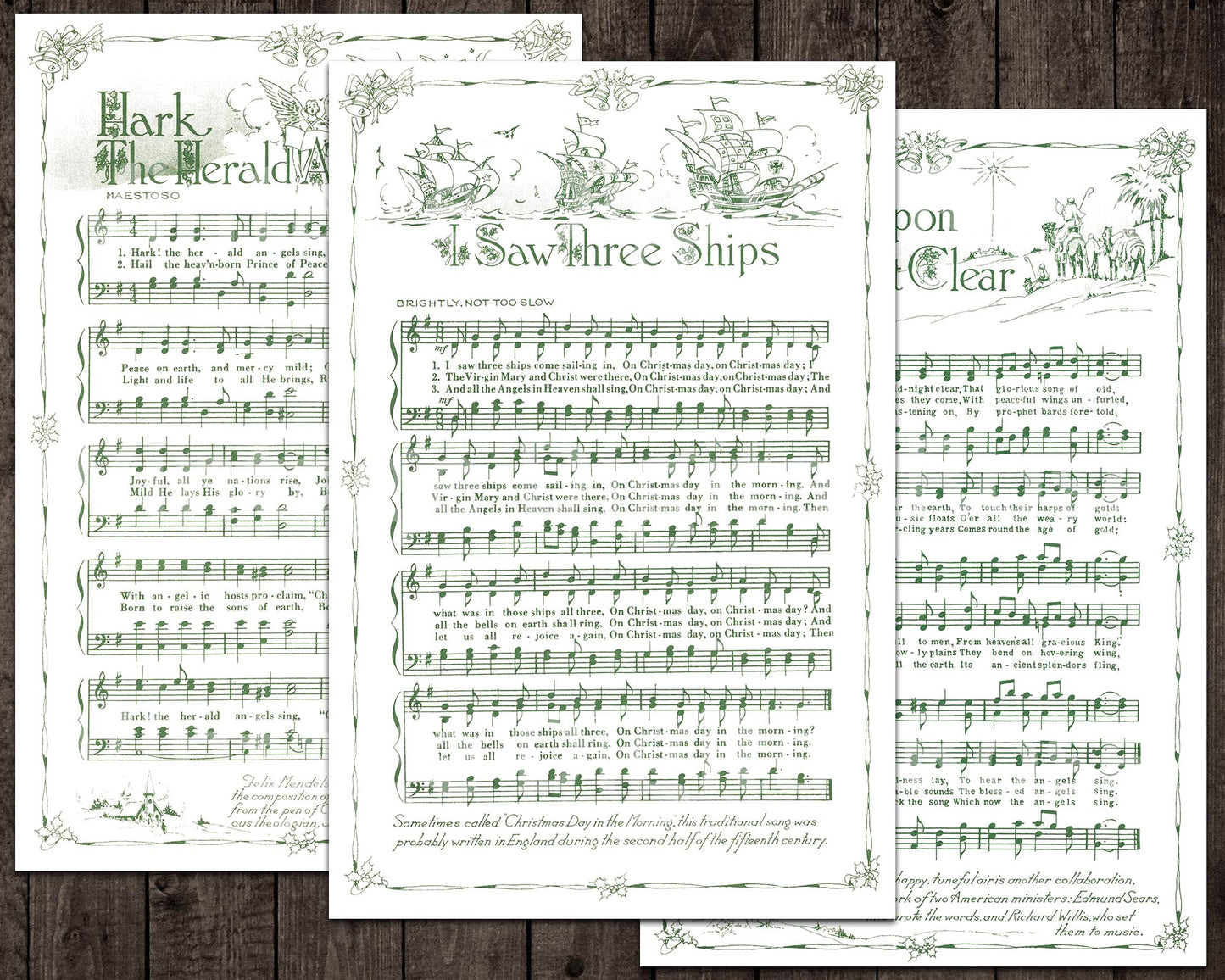 Printable Vintage Christmas Carols Green Illustrated Best Sellers Top Christmas Songs Set of 14 - Full Set White Background
