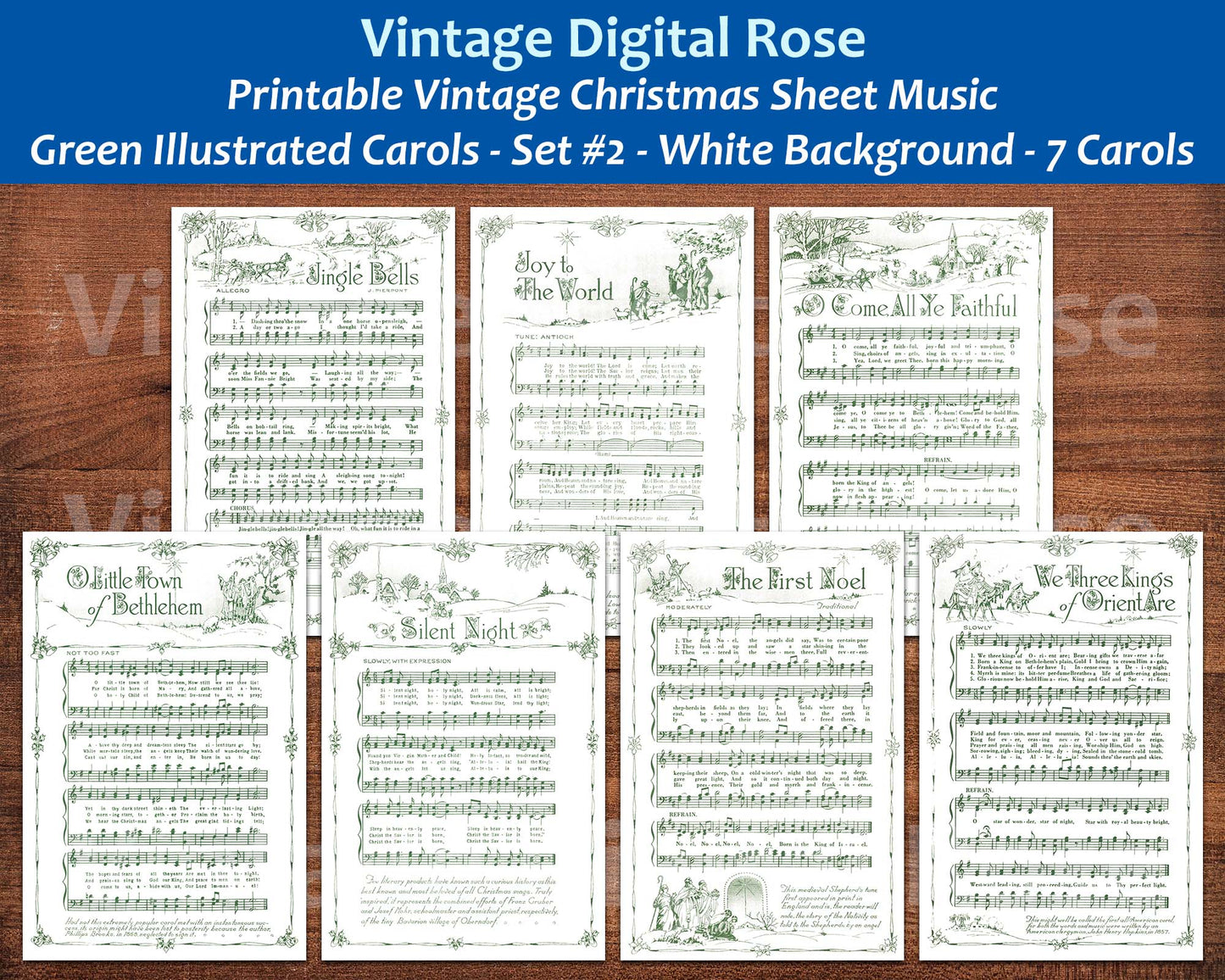 Printable Vintage Christmas Carols Green Illustrated Best Sellers Top Christmas Songs Set of 7 - Set #2 White Background