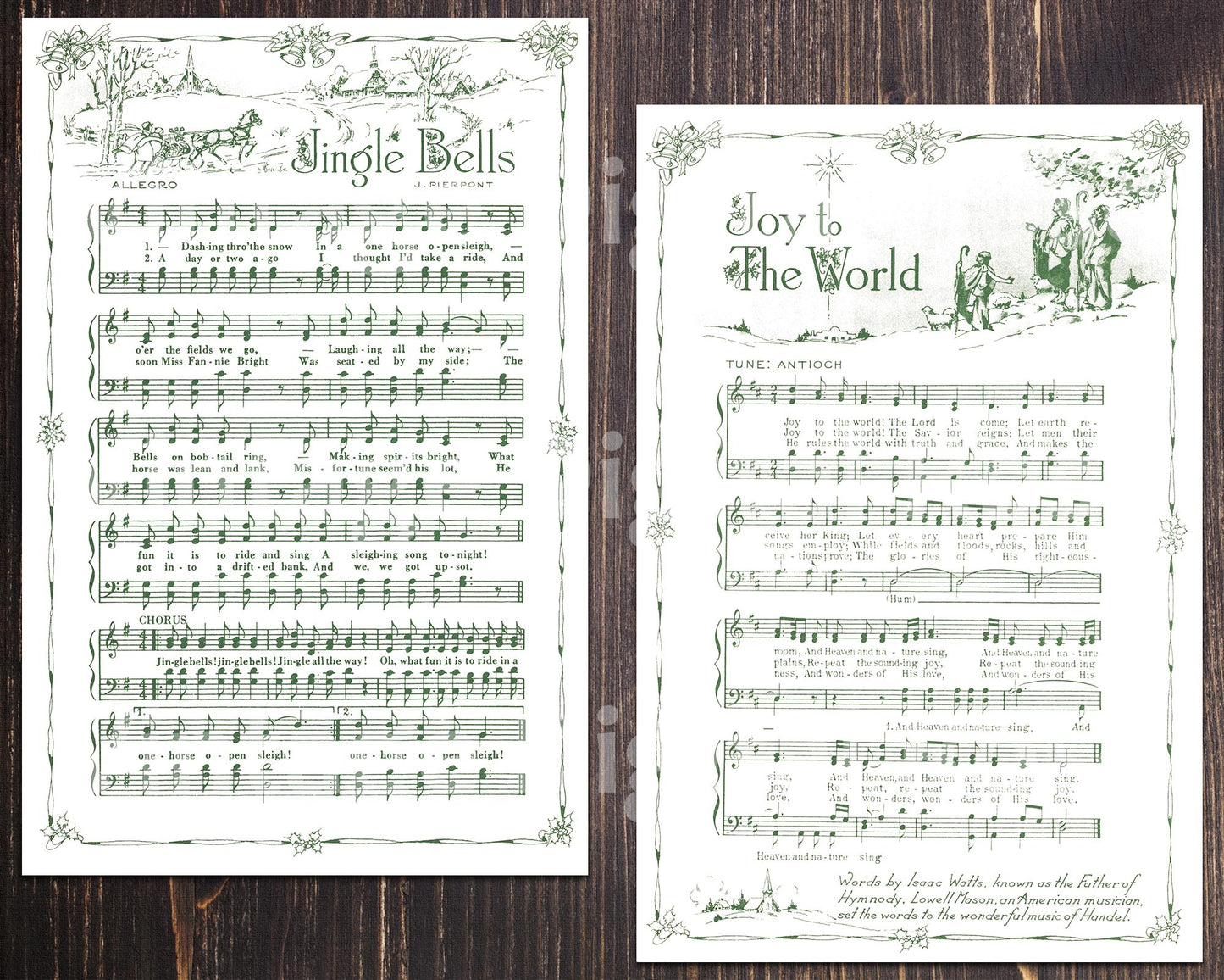 Printable Vintage Christmas Carols Green Illustrated Best Sellers Top Christmas Songs Set of 14 - Full Set White Background
