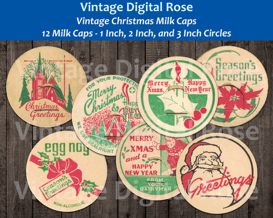 Printable Vintage Christmas Milk Caps - Set of 12 Milk Caps - 1" Inch 2" Inch 3" Inch Diameter Sizes Digital Collage Sheets JPG PDF Format