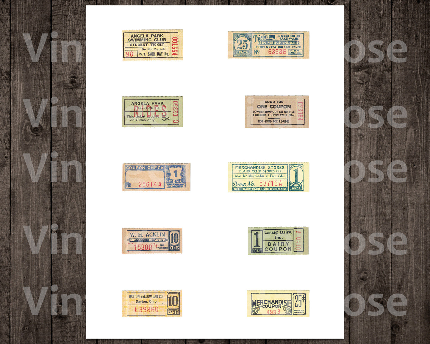 Vintage Printable Coupon Tickets Assorted Yellow Green Neutral Digital Collage Sheet JPG PNG Format Set of 10 Ten Tickets Vintage Ephemera