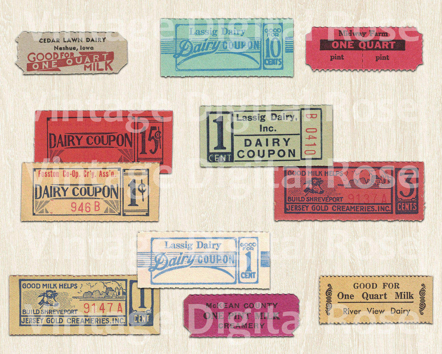 Vintage Printable Dairy Coupon Tickets Assorted Colors Digital Collage Sheet JPG PNG Format Set of 11 Eleven Tickets Vintage Ephemera
