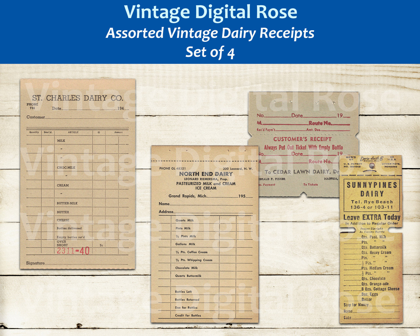 Vintage Printable Dairy Receipts Blank Unused Receipts Set of 4 Four Neutral Colors Digital Collage Sheet JPG PNG Format Vintage Ephemera