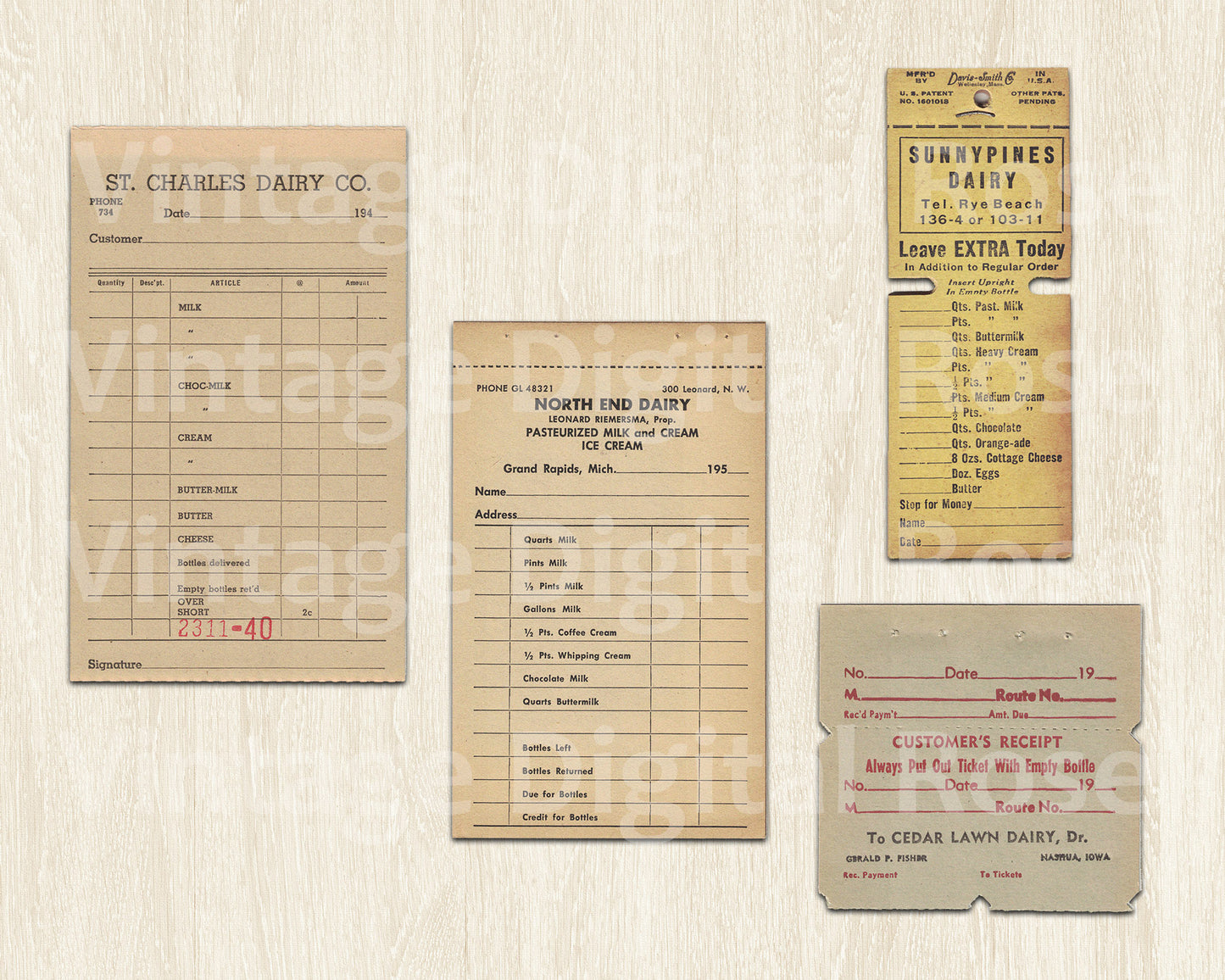 Vintage Printable Dairy Receipts Blank Unused Receipts Set of 4 Four Neutral Colors Digital Collage Sheet JPG PNG Format Vintage Ephemera