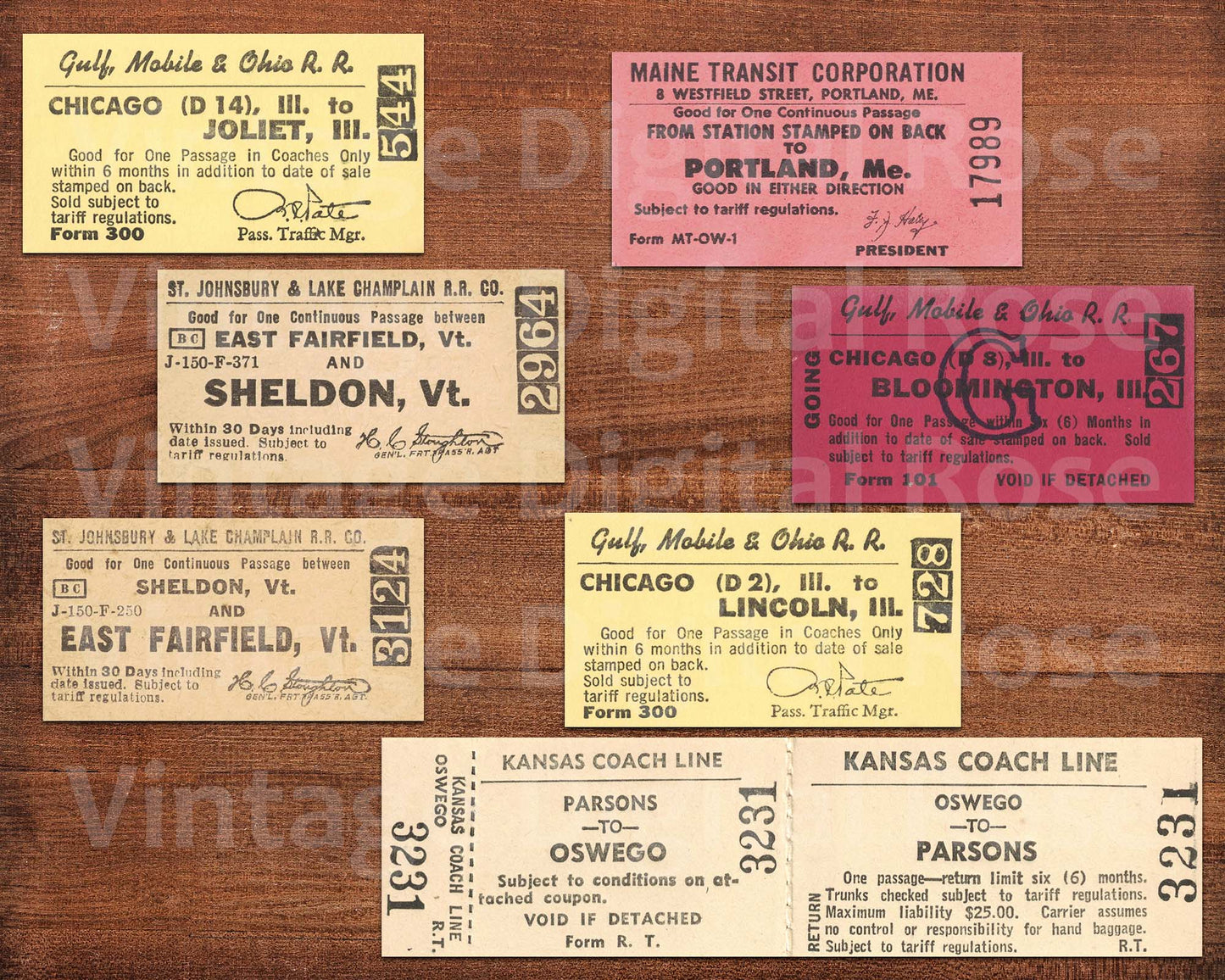Vintage Printable Assorted Railroad Tickets Digital Collage Sheet JPG Format Set of 7 Seven Tickets Antique Transportation Ephemera