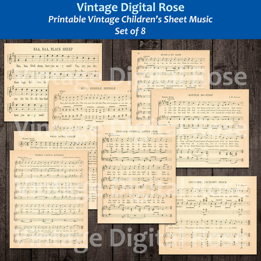 Printable Vintage Children's Kids' Sheet Music Set of 8 Songs
