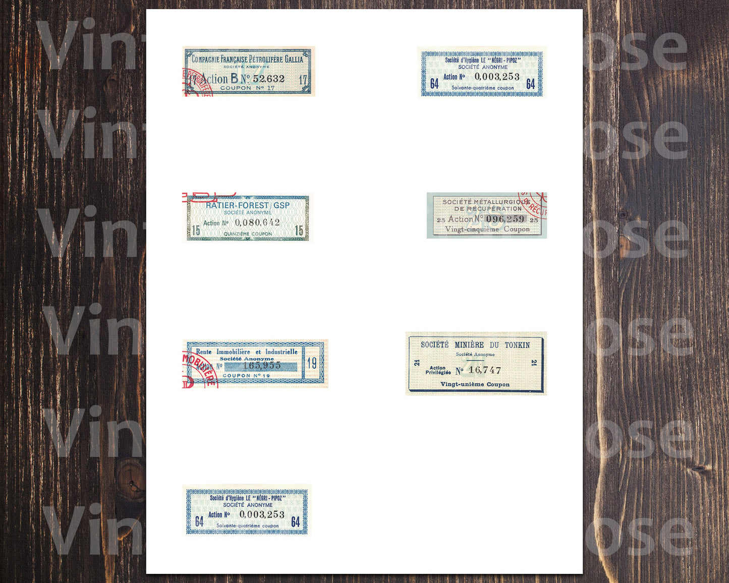 Vintage Printable French Bond Coupons Assorted Blue Neutral Collage Sheet JPG Format Set of 7 Seven Coupons Vintage French Ephemera
