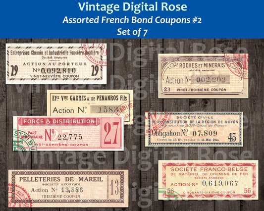 Vintage Printable French Bond Coupons Assorted Red Brown Neutral Collage Sheet JPG Format Set of 7 Seven Coupons Vintage French Ephemera