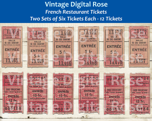 Vintage Printable French Restaurant Tickets Assorted Red Brown Collage Sheet JPG PNG Format Set of 12 Twelve Tickets Vintage French Ephemera