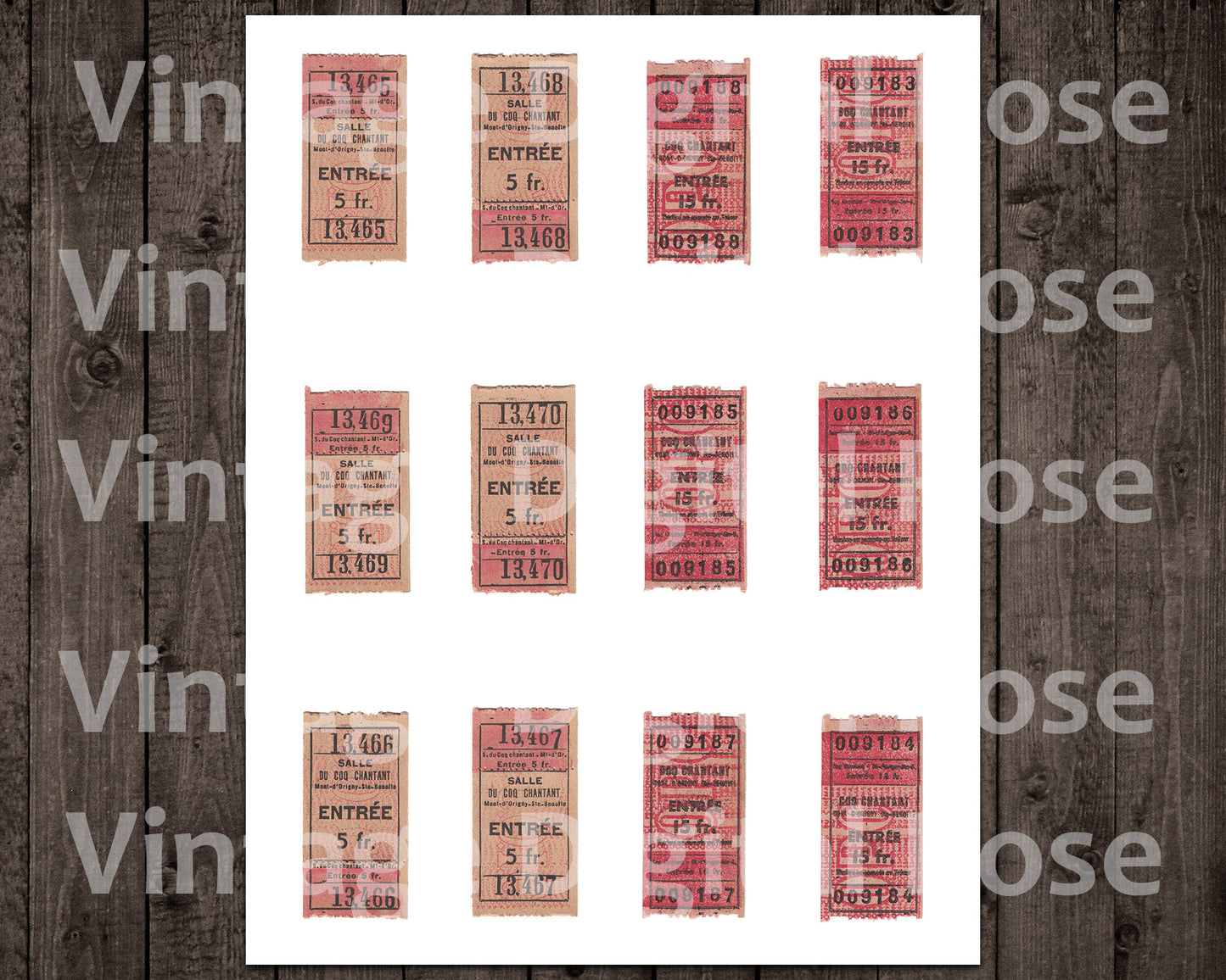 Vintage Printable French Restaurant Tickets Assorted Red Brown Collage Sheet JPG PNG Format Set of 12 Twelve Tickets Vintage French Ephemera