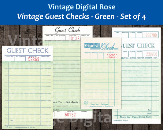 Vintage Printable Guest Checks Green Blank Unused Receipts Set of 4 Pale Light Green Digital Collage Sheet JPG Format Vintage Ephemera