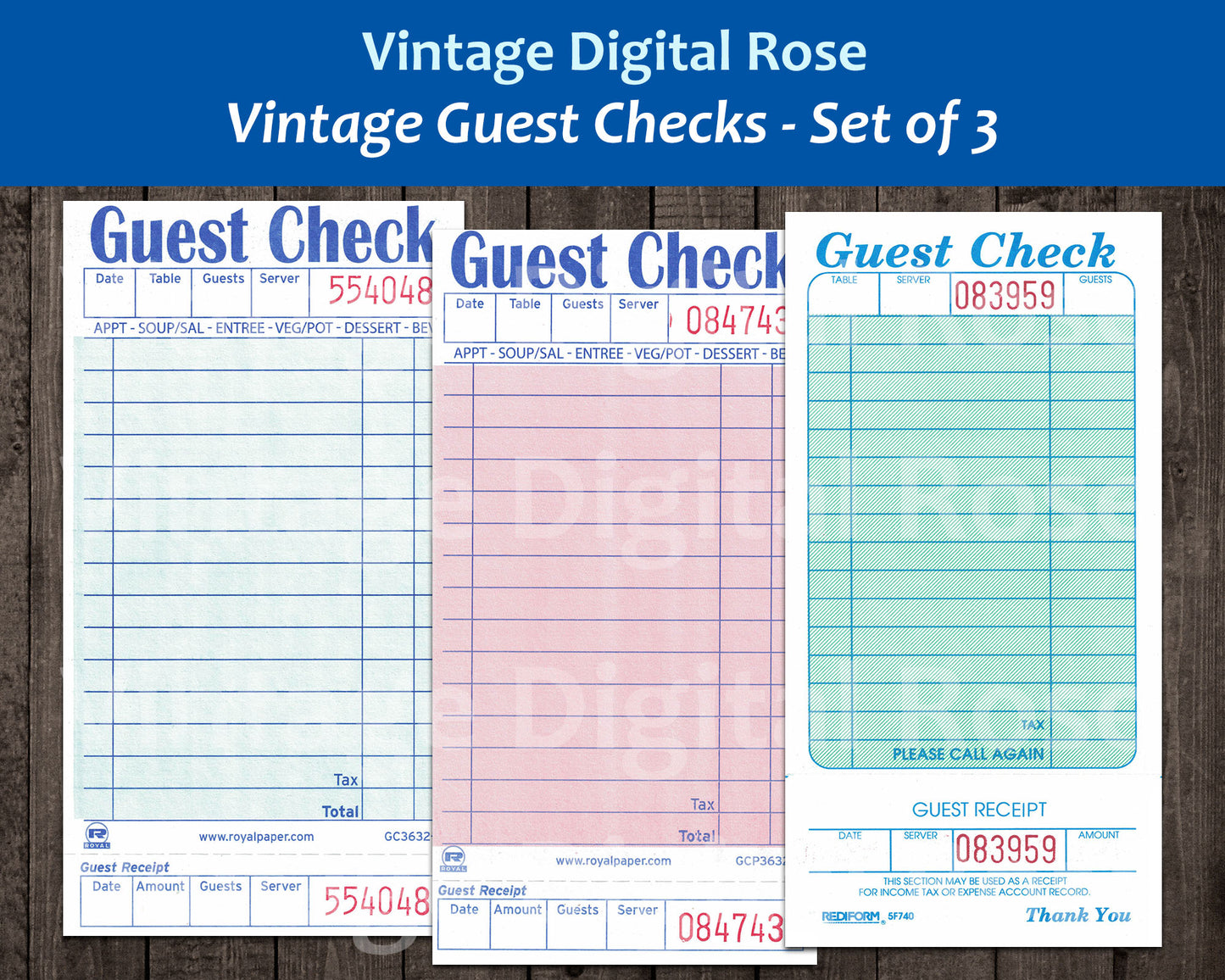 Vintage Printable Guest Checks Blank Unused Receipts Set of 3 Three Pink Pale Sea Green Digital Collage Sheet JPG Format Vintage Ephemera