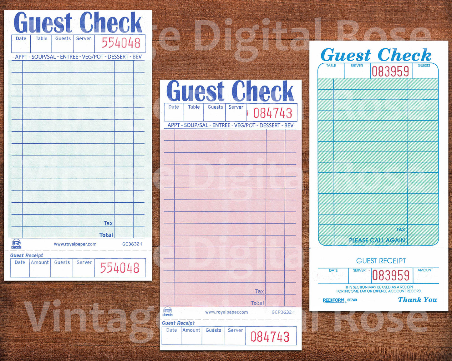 Vintage Printable Guest Checks Blank Unused Receipts Set of 3 Three Pink Pale Sea Green Digital Collage Sheet JPG Format Vintage Ephemera