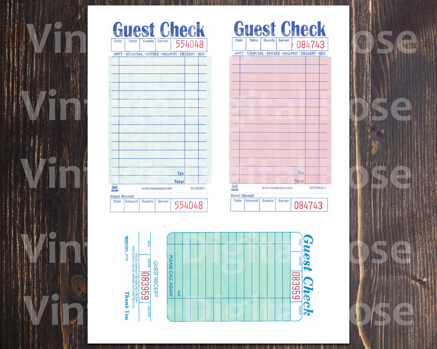 Vintage Printable Guest Checks Blank Unused Receipts Set of 3 Three Pink Pale Sea Green Digital Collage Sheet JPG Format Vintage Ephemera