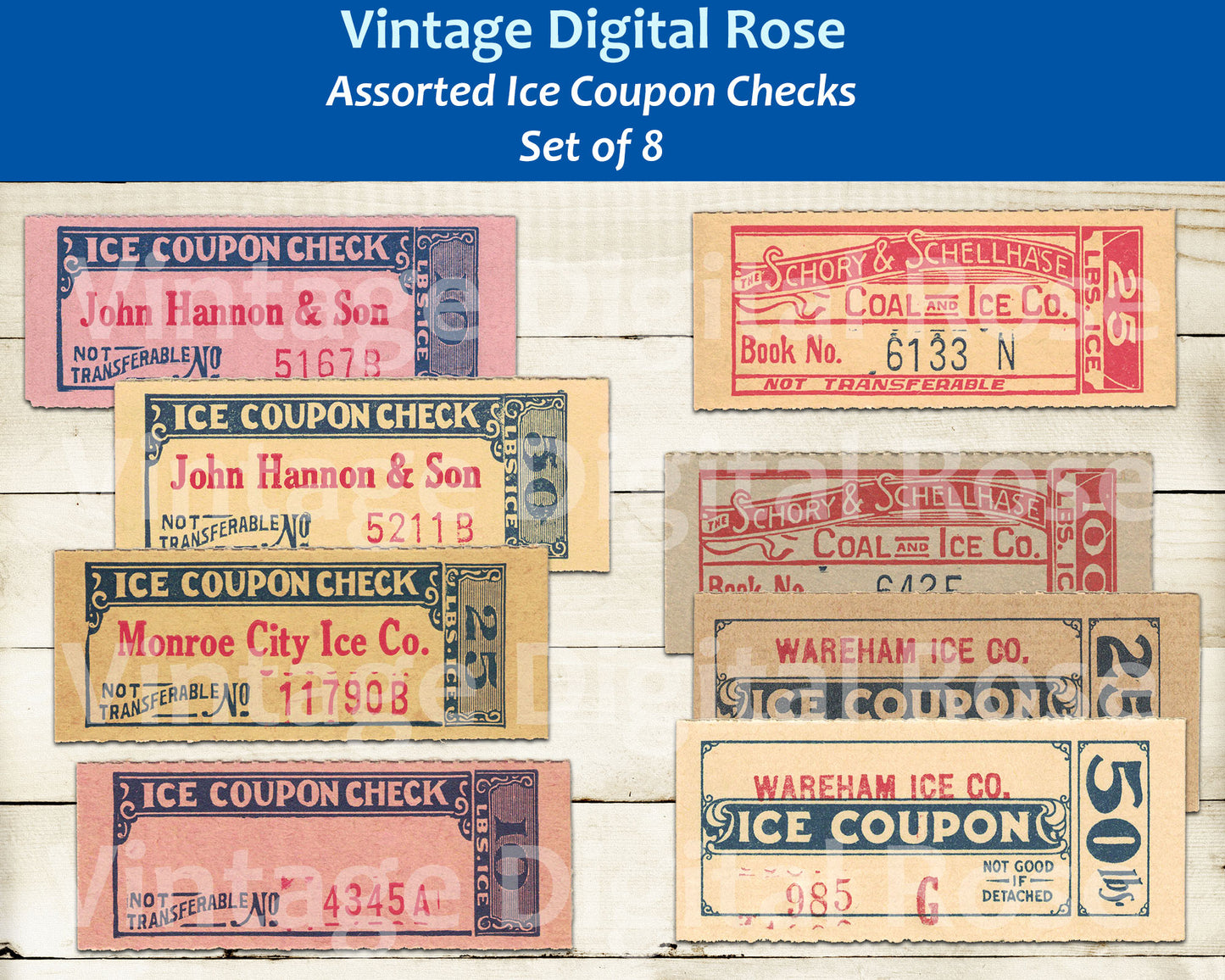Vintage Printable Ice Coupon Checks Assorted Colors Digital Collage Sheet JPG PNG Format Set of 8 Eight Tickets Vintage Ephemera