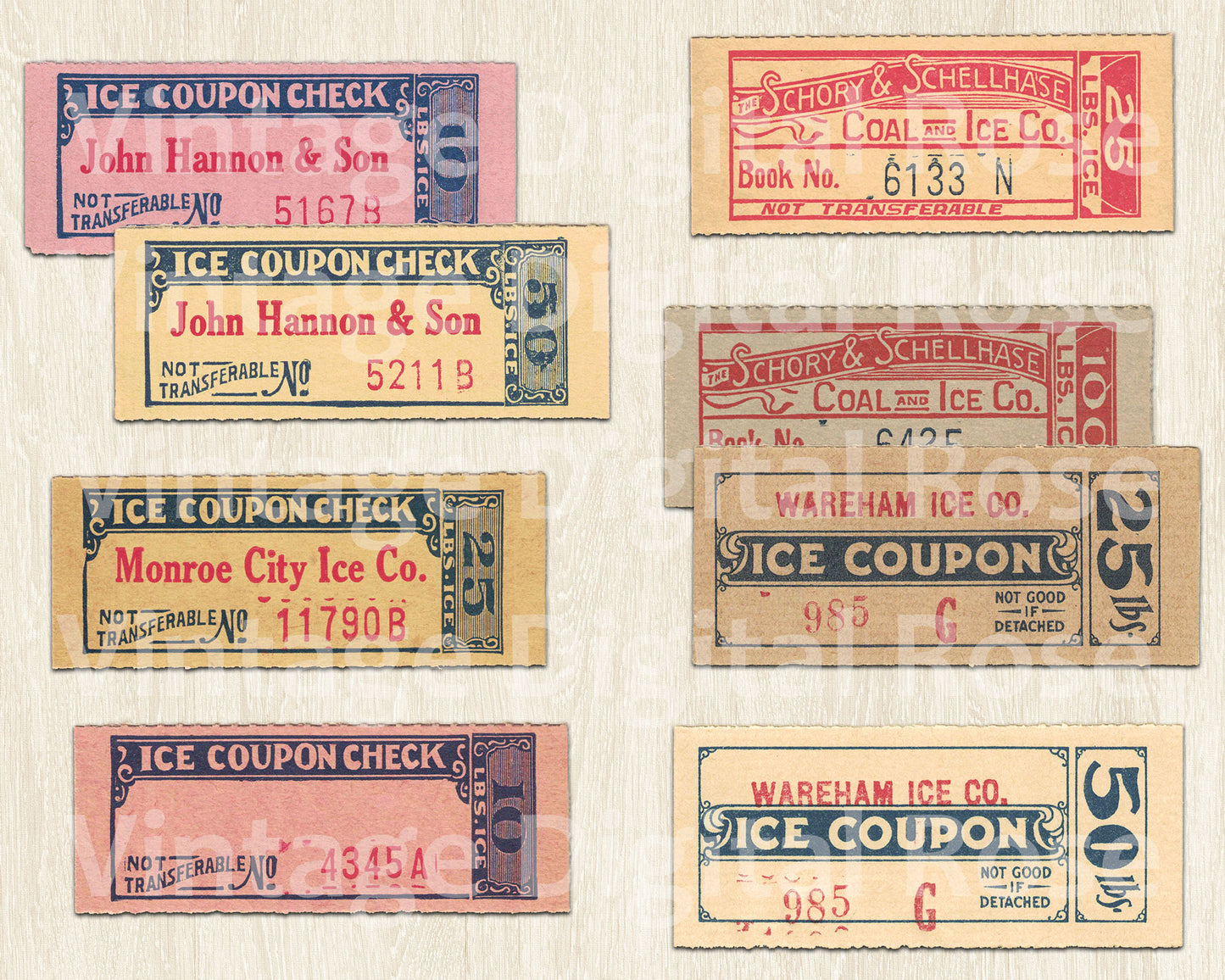 Vintage Printable Ice Coupon Checks Assorted Colors Digital Collage Sheet JPG PNG Format Set of 8 Eight Tickets Vintage Ephemera