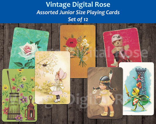 Vintage Printable Junior Size Playing Cards Card Backs Kids Dogs Birds Teddy Bears Digital Collage Sheet PNG Format Set of 12 Cards