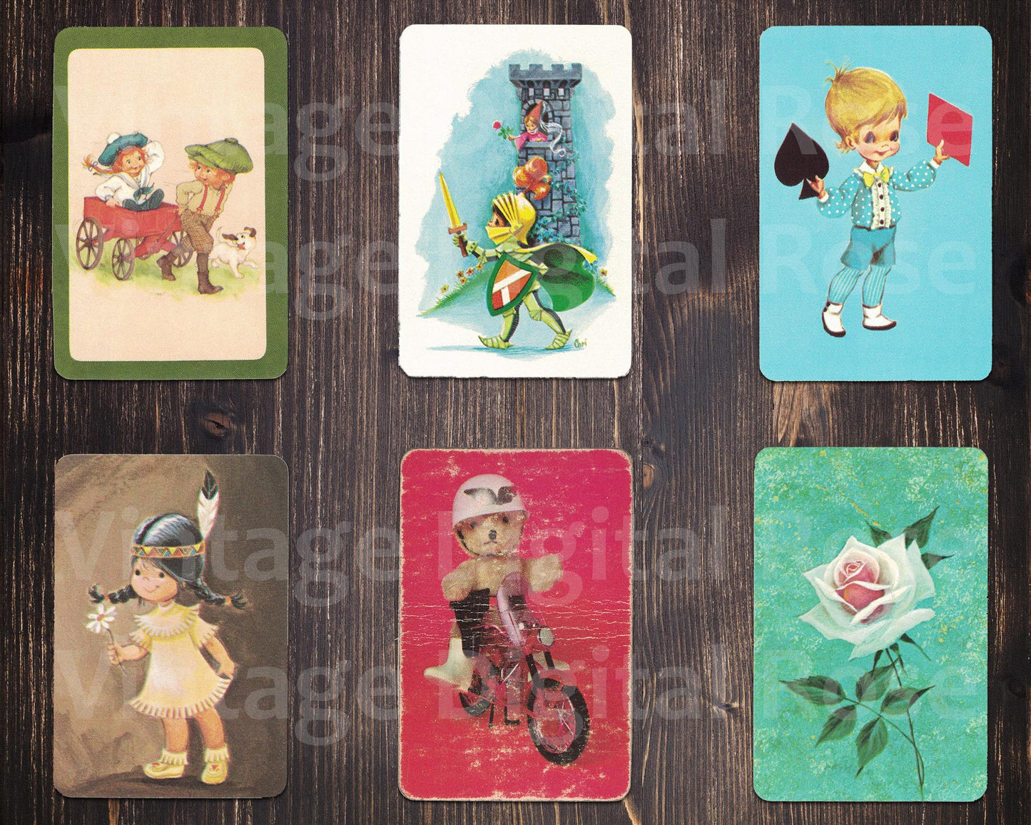 Vintage Printable Junior Size Playing Cards Card Backs Kids Dogs Birds Teddy Bears Digital Collage Sheet PNG Format Set of 12 Cards