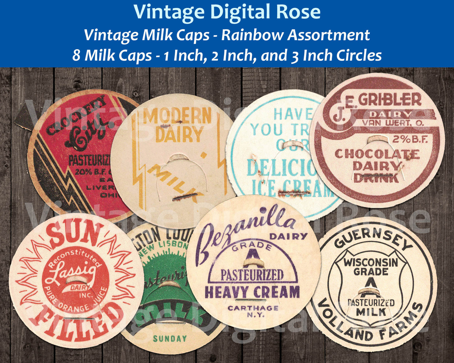Printable Vintage Rainbow Milk Caps - Set of 8 Milk Caps - 1" Inch 2" Inch 3" Inch Diameter Sizes Digital Collage Sheets JPG PDF Format