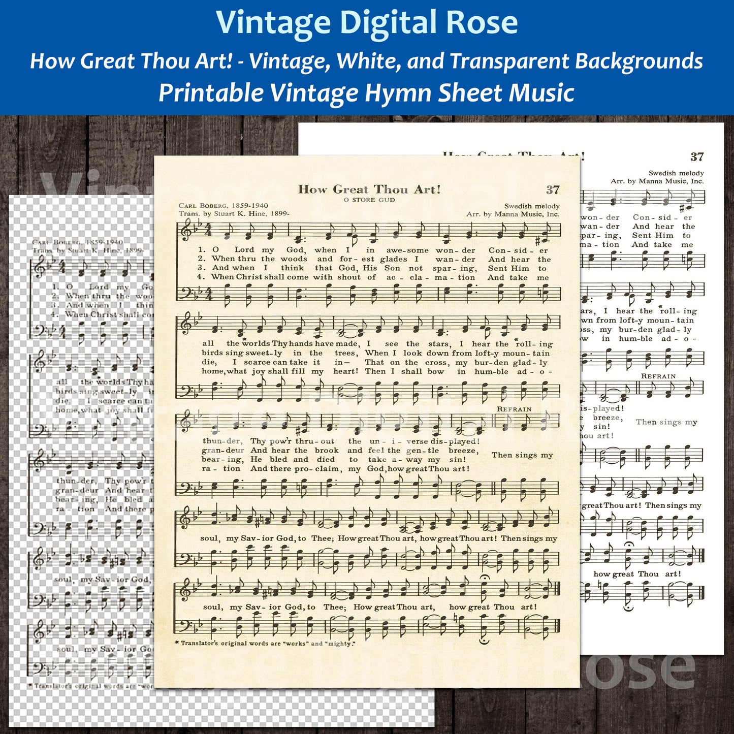 How Great Thou Art Printable Vintage Hymn Sheet Music - Vintage, White, and Transparent Backgrounds JPG PNG Files
