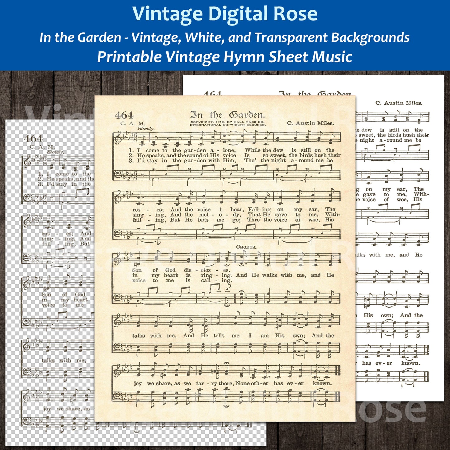 In the Garden Printable Vintage Hymn Sheet Music - Vintage, White, and Transparent Backgrounds JPG PNG Files