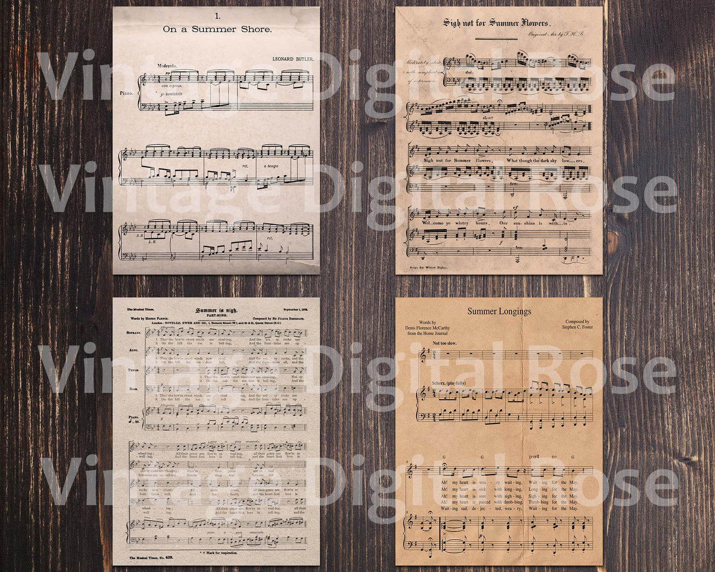 Summer Vintage Sheet Music Pages - 12 8.5x11 Printable Sheet Music Papers