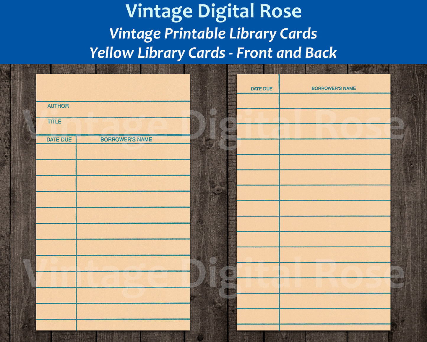 Vintage Printable Yellow Library Card Front and Back Digital Collage Sheet JPG Format