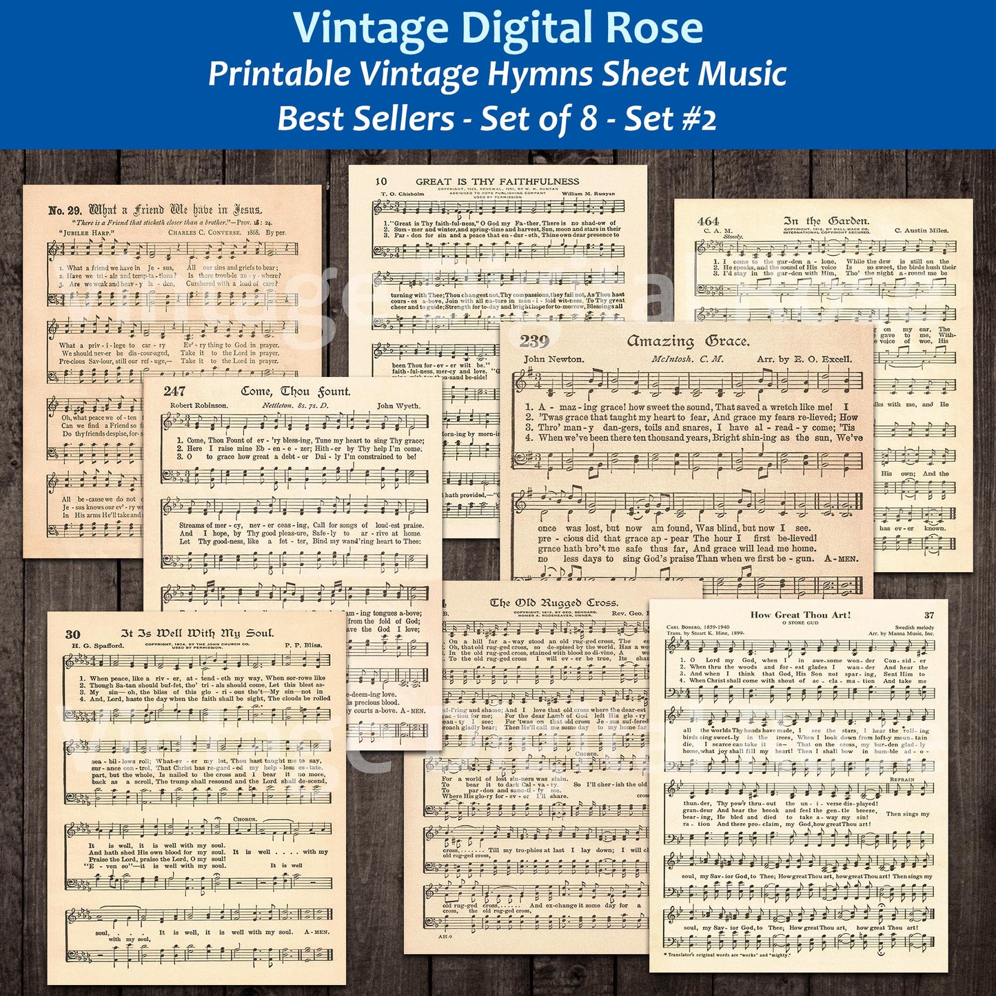 Printable Vintage Hymns Set of 8 Sheet Music Best Sellers Top Songs - Set #2