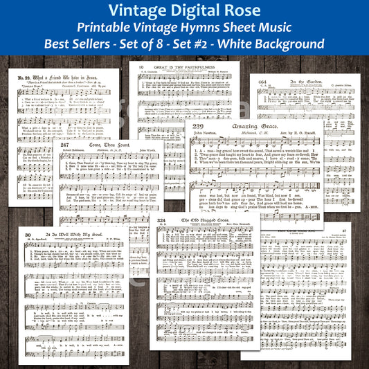 Printable Vintage Hymns Set of 8 Sheet Music Best Sellers Top Songs - Set #2 White Backgrounds