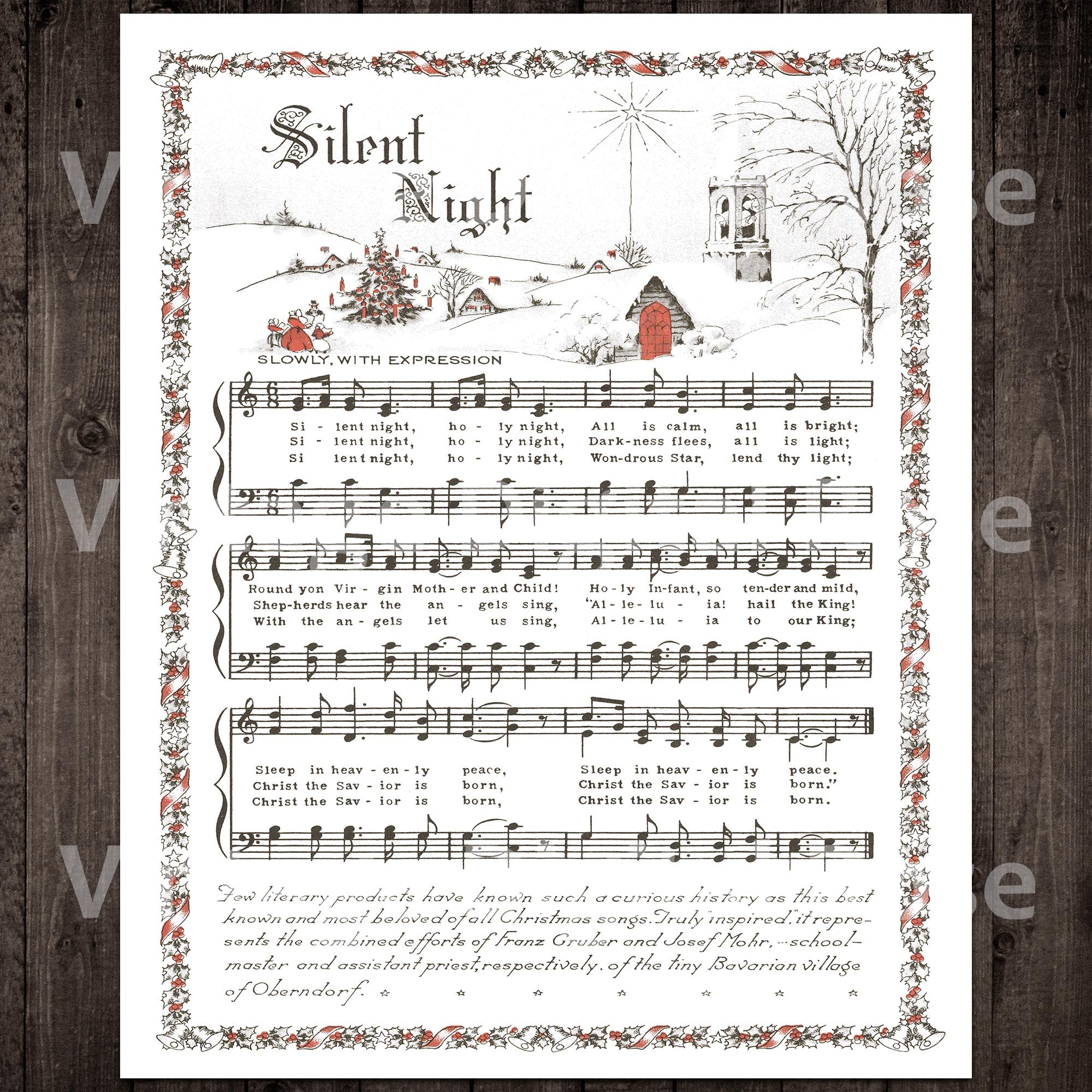 printable vintage christmas carols color illustrations christmas songs set  of 3 - silent night, jingle bells, o holy night white background