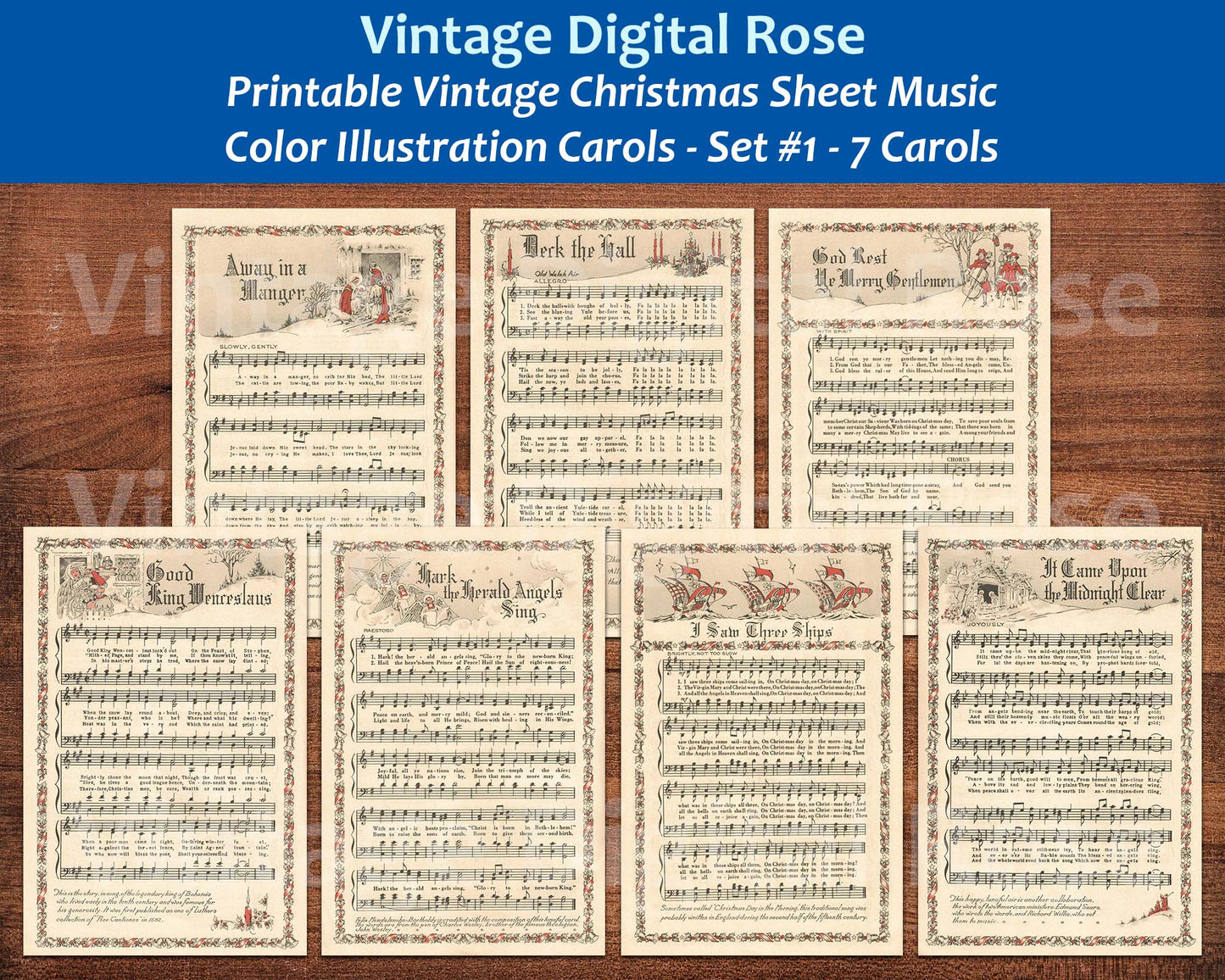 Printable Vintage Christmas Carols Color Illustrations Best Sellers Top Christmas Songs Set of 7 - Set #1