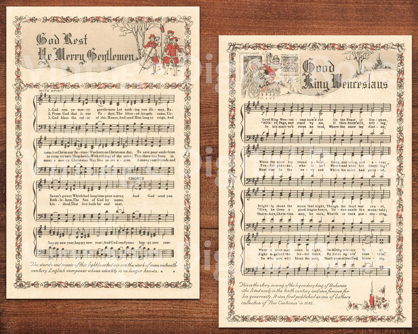 Printable Vintage Christmas Carols Color Illustrations Best Sellers Top Christmas Songs Set of 7 - Set #1