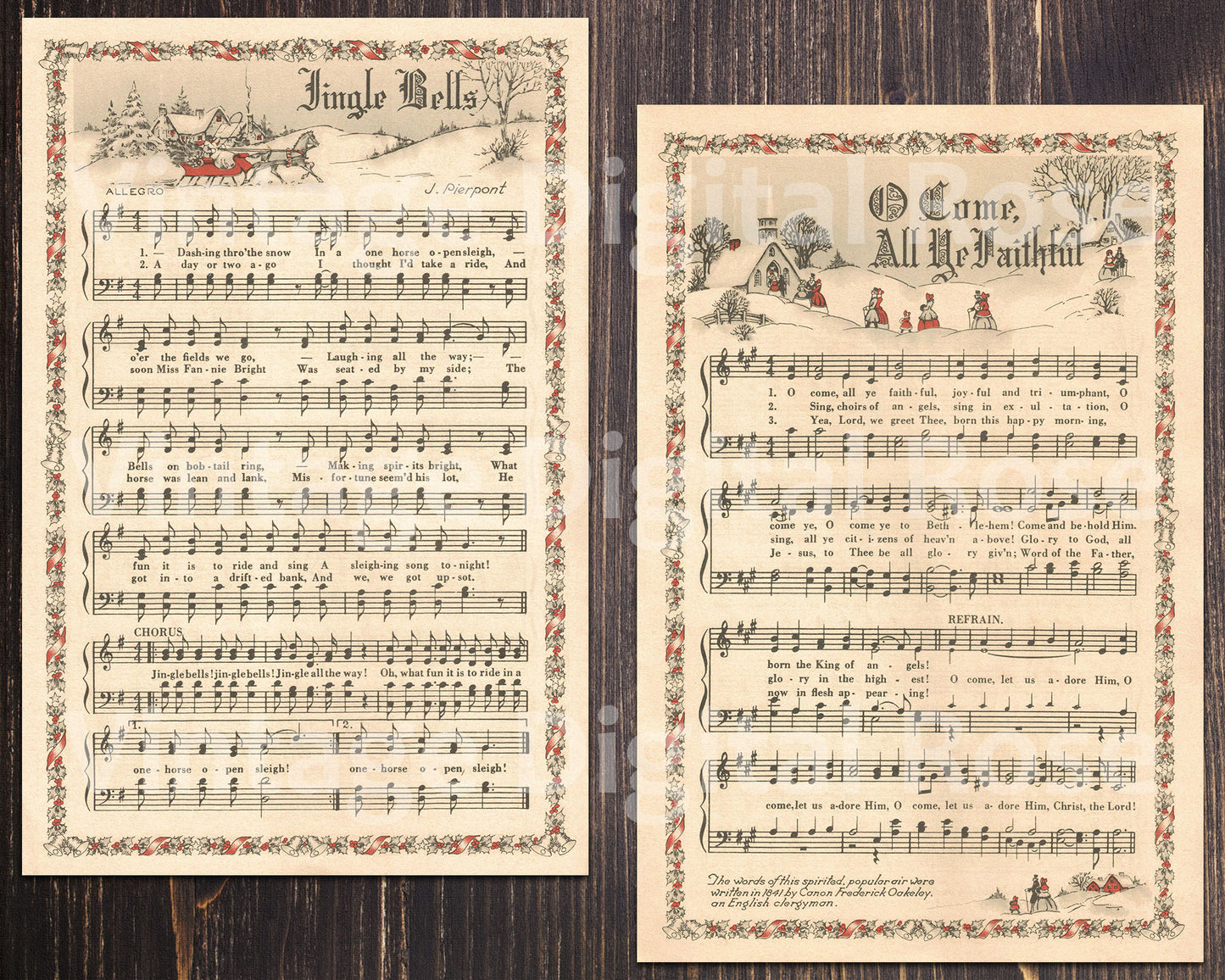 Printable Vintage Christmas Carols Color Illustrations Best Sellers Top Christmas Songs Set of 7 - Set #2