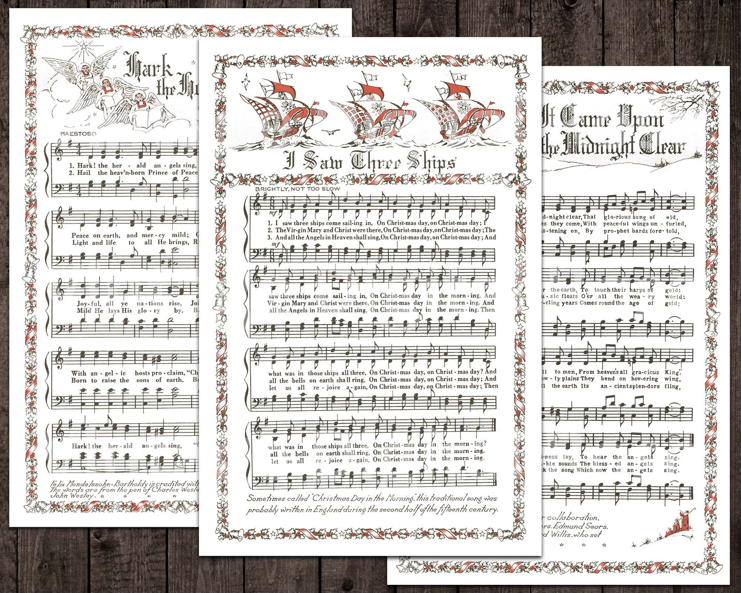 Printable Vintage Christmas Carols Illustrated Best Sellers Top Christmas Songs Set of 7 - Set #1 White Background