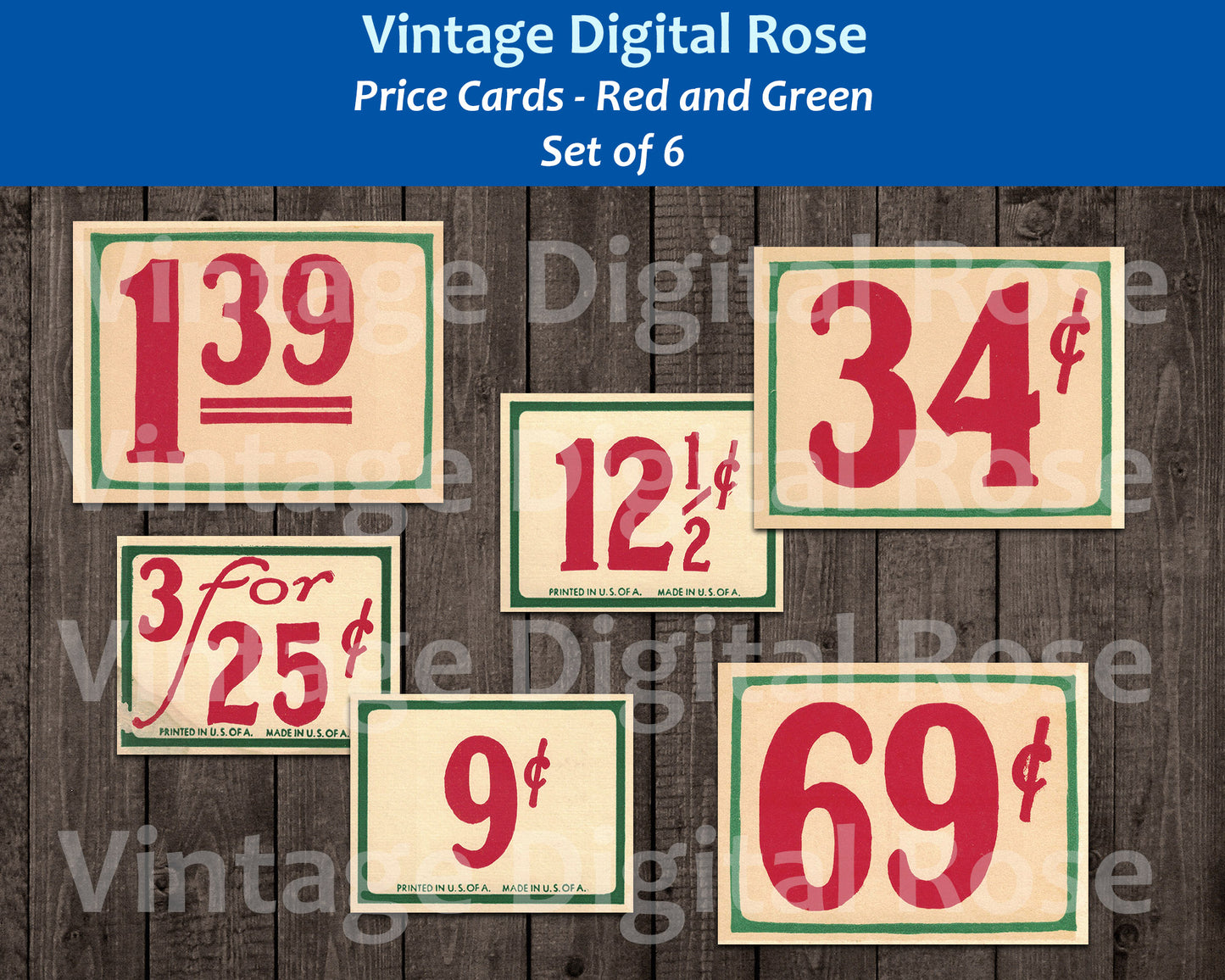 Vintage Price Cards Tags Red and Green - Printable Digital Cards - Set of 6 Two Sizes Christmas Ephemera