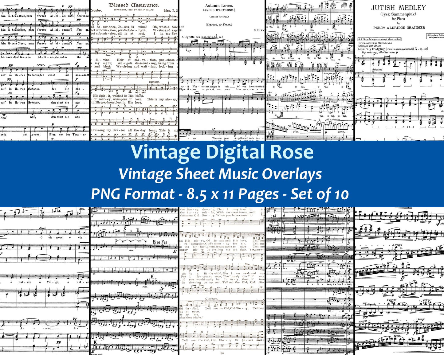 Vintage Sheet Music Overlays - 10 8.5x11 Sheet Music PNG Overlays