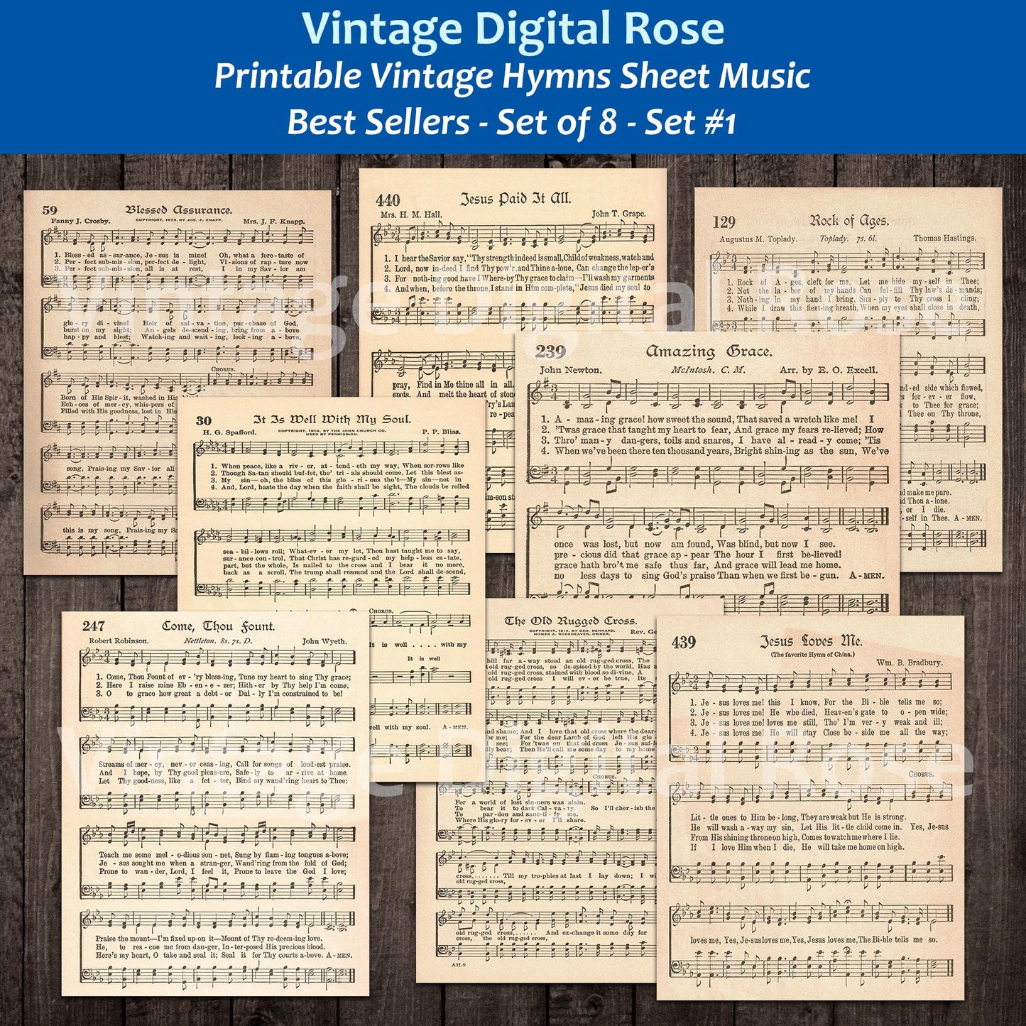 Printable Vintage Hymns Set of 8 Sheet Music Best Sellers Top Songs - Set #1