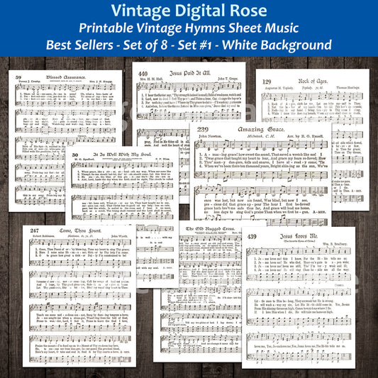 Printable Vintage Hymns Set of 8 Sheet Music Best Sellers Top Songs - Set #1 White Backgrounds