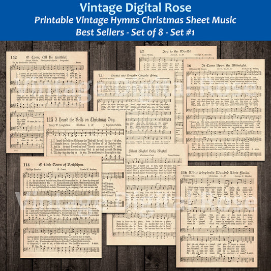 Printable Vintage Christmas Hymn Carol Sheet Music Best Sellers Top Christmas Songs Set of 8 - Set #1