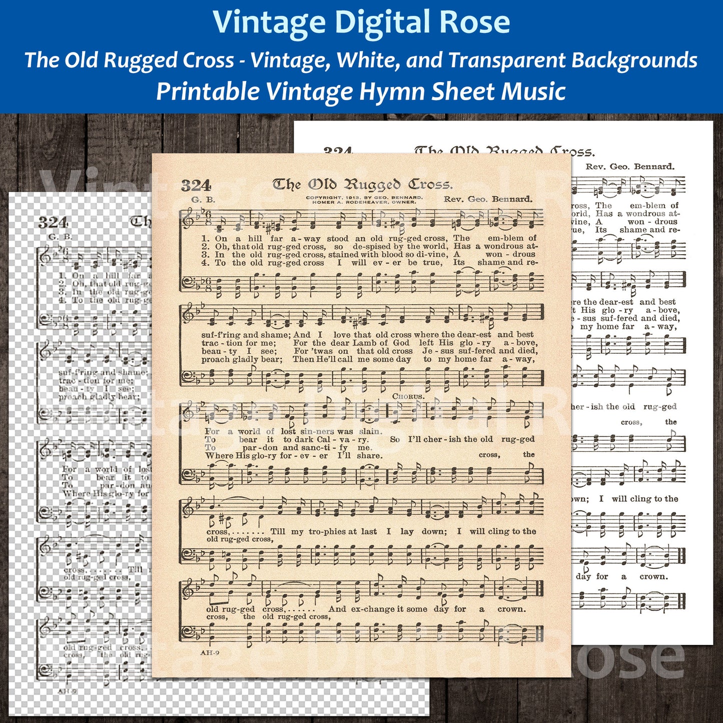 The Old Rugged Cross Printable Vintage Hymn Sheet Music - Vintage, White, and Transparent Backgrounds JPG PNG Files