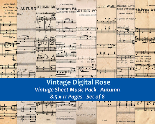 Fall Autumn Vintage Sheet Music Pages - 8 8.5x11 Printable Sheet Music Papers